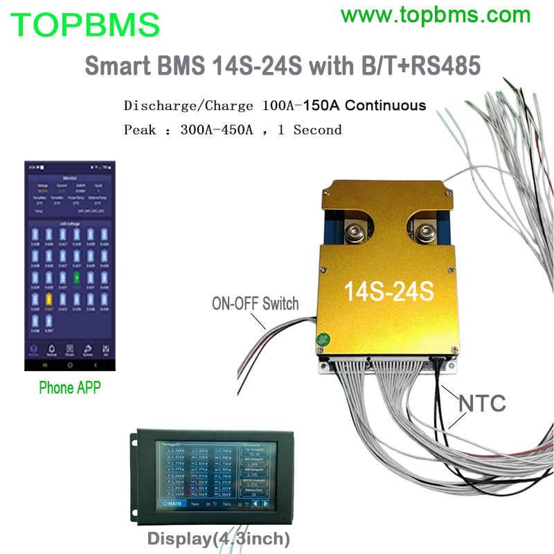 TOPBMS BMS 14S -24S 100A 150A Bluetooth +RS485 Communication which is compatible LI-ion NMC Battery(3.7V) /Lifepo4 Battrery(3.2V) /LTO Battery (2.3V)/Sodium-ion Battery (3.1V)